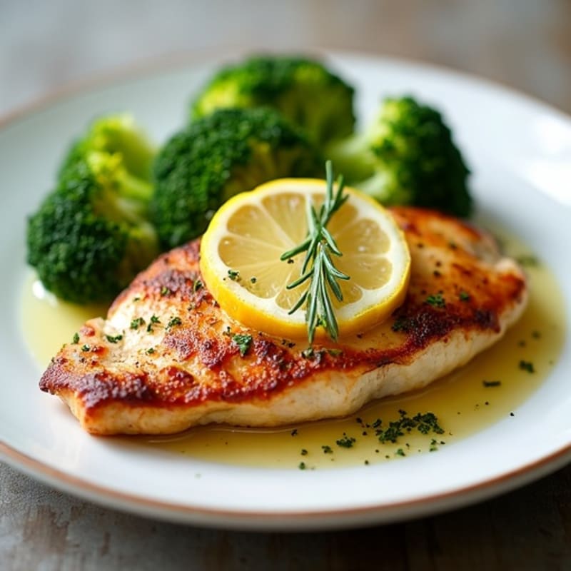 Crispy Pan-Seared Lemon Herb Chicken Breast with Roasted Broccoli