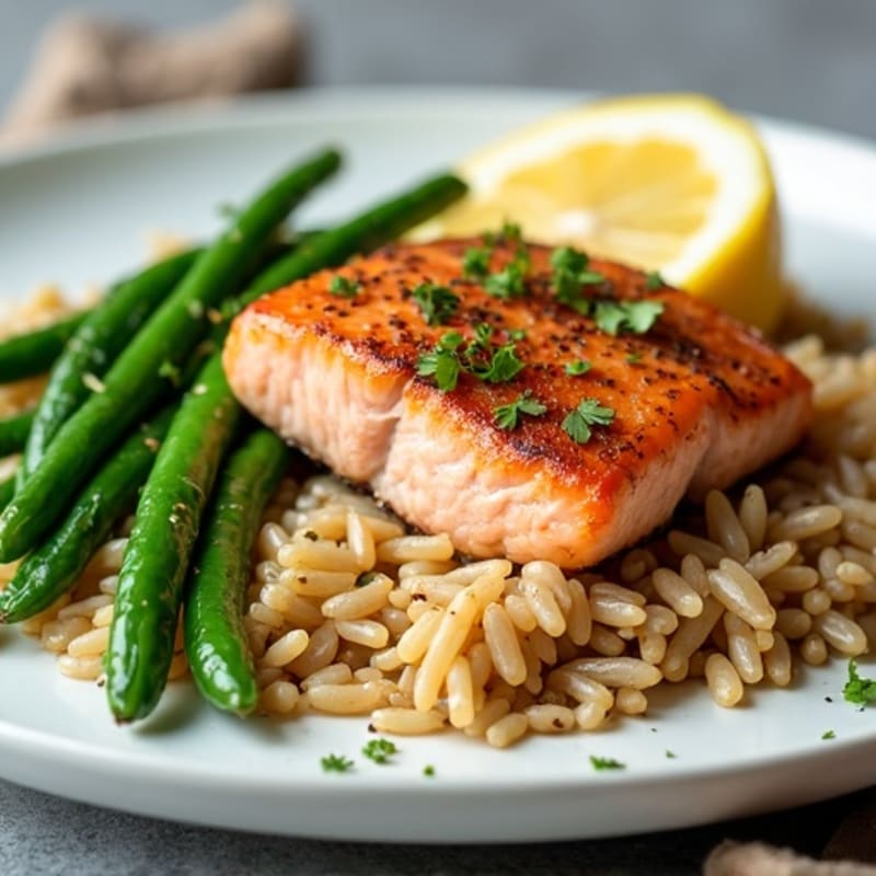 Seared Salmon with Garlic Green Beans and Brown Rice