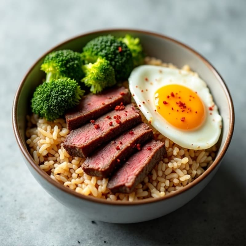 Garlic Ginger Beef and Crispy Broccoli Rice Bowl