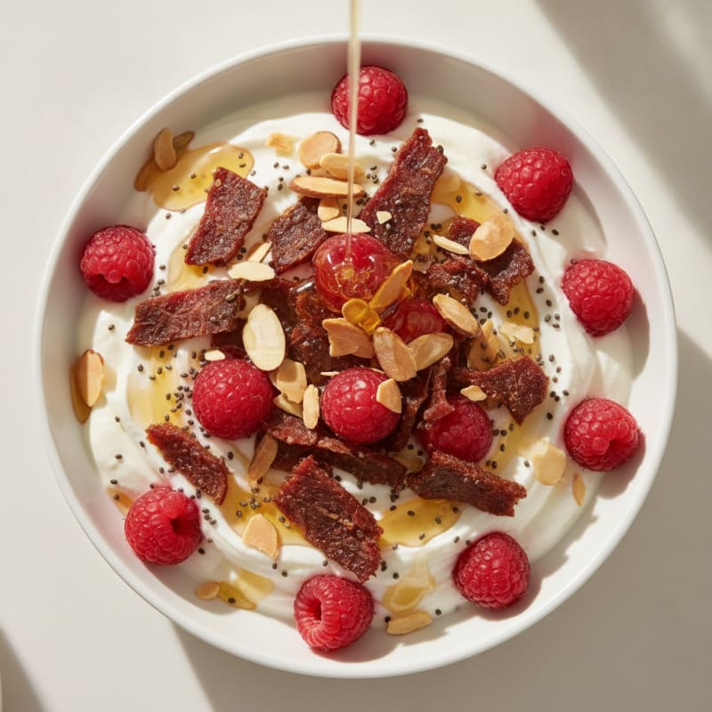 Creamy Greek Yogurt Protein Parfait with Chopped Beef Jerky and Berries