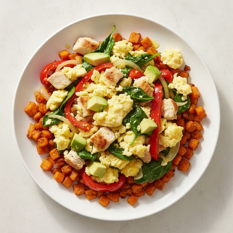 Egg and Veggie Scramble with Crispy Sweet Potato Hash
