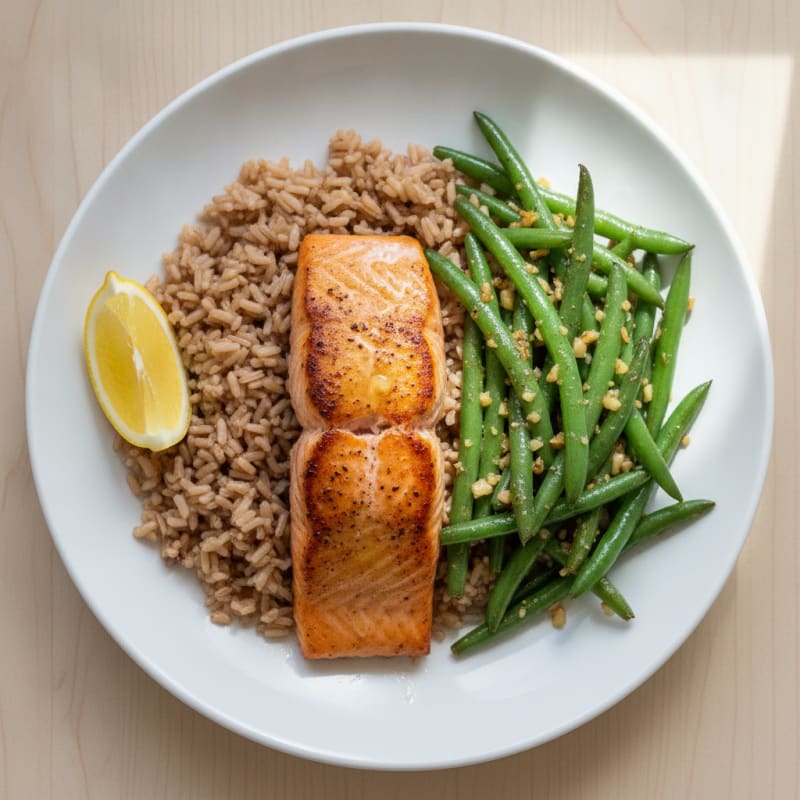 Seared Salmon Fillet with Garlic Green Beans and Brown Rice