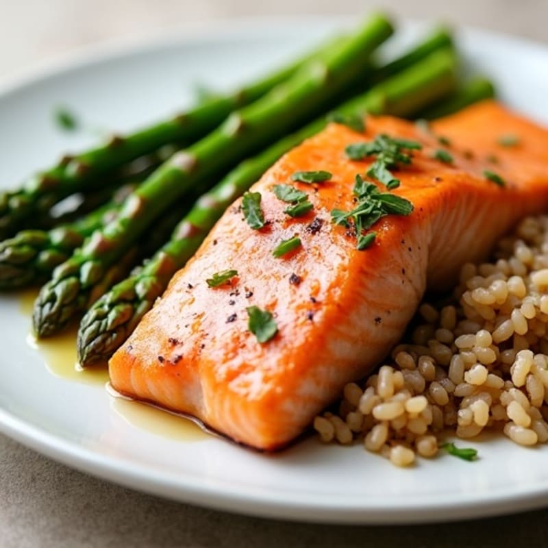 Seared Salmon Fillet with Steamed Asparagus and Brown Rice