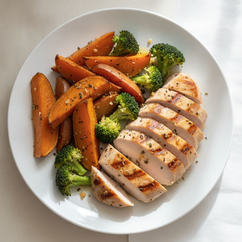 Grilled Turkey Breast with Roasted Sweet Potato and Broccoli