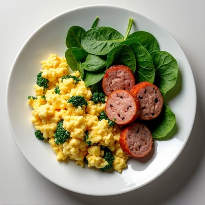 Egg White and Turkey Sausage Scramble with Cottage Cheese and Spinach