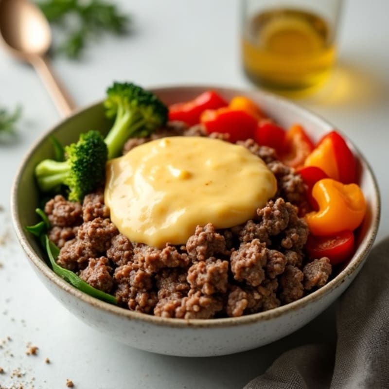 Lean Ground Beef Burger Bowl with Creamy Cheese Sauce and Crispy Roasted Vegetables