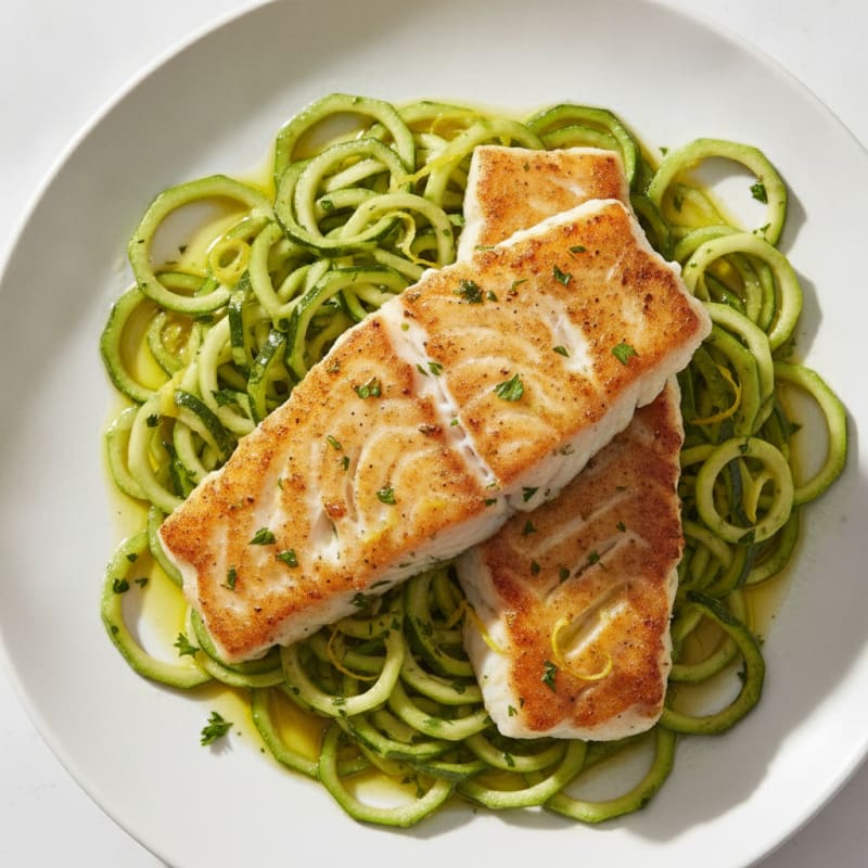 Seared Cod with Zucchini Noodles and Lemon Herb Sauce