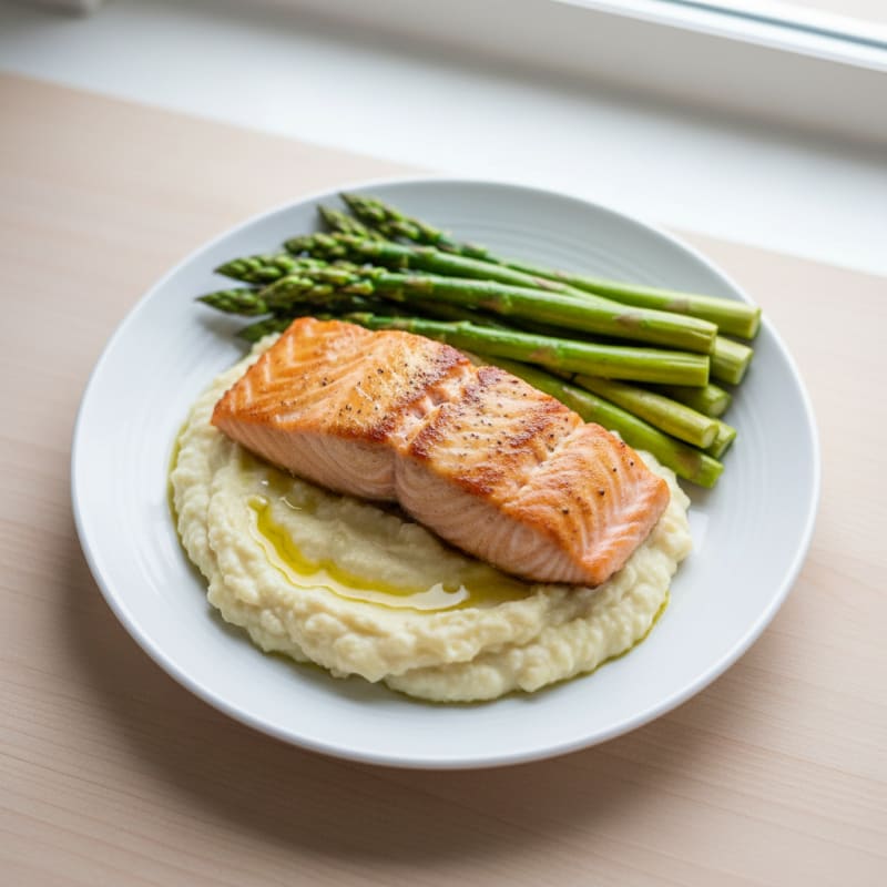 Seared Salmon with Steamed Asparagus and Garlic Cauliflower Mash