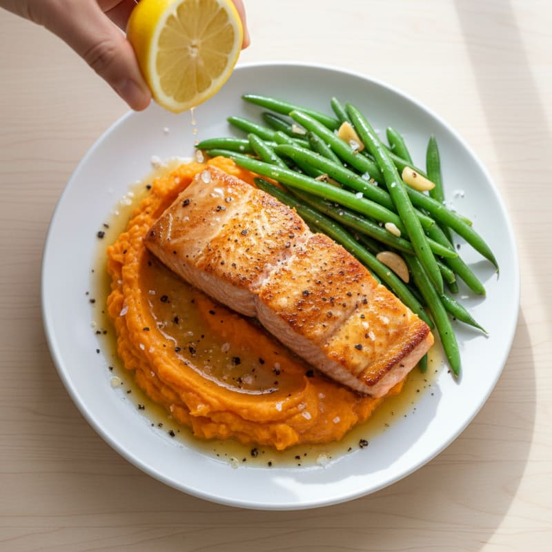 Seared Salmon Fillet with Steamed Green Beans and Sweet Potato Mash