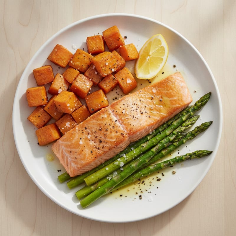 Seared Salmon with Roasted Sweet Potatoes and Asparagus