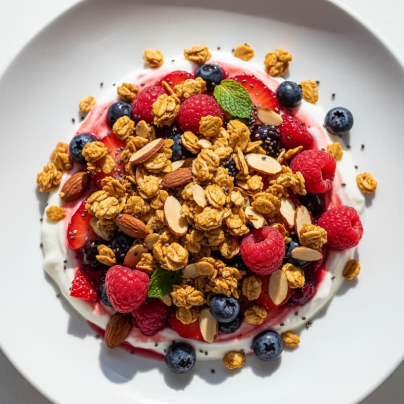 Greek Yogurt Parfait with Mixed Berries and Crunchy Almond Granola