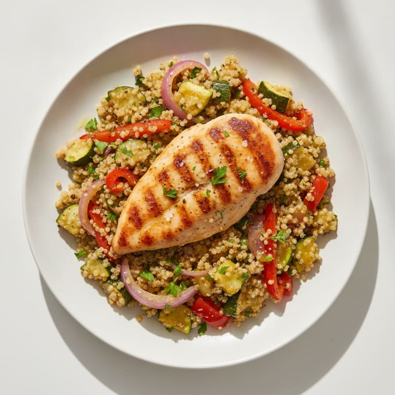 Quinoa Pilaf with Roasted Vegetables and Pan-Seared Chicken