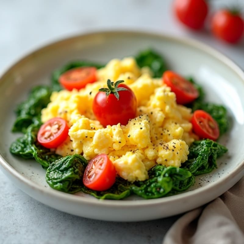 Fluffy Scrambled Eggs with Fresh Spinach and Cherry Tomatoes