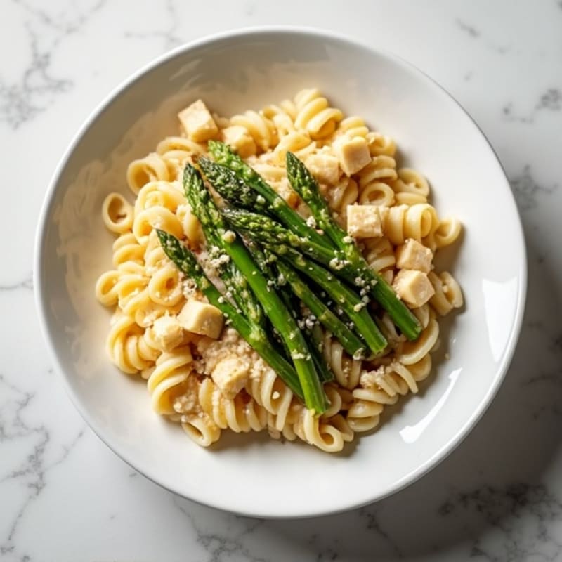 Creamy Cashew Alfredo Whole Wheat Pasta with Roasted Asparagus