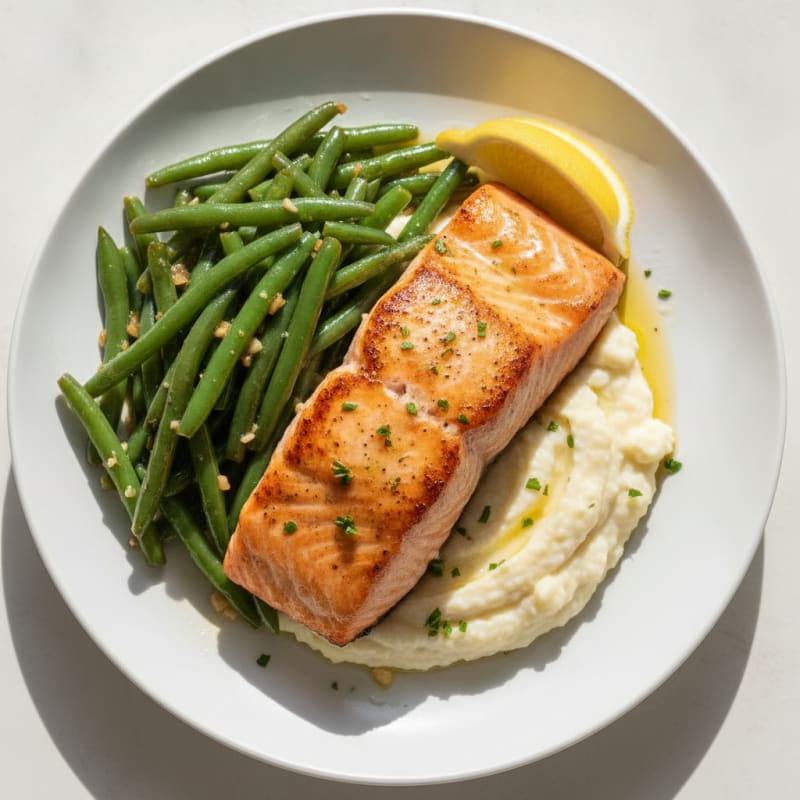 Seared Salmon with Garlic Green Beans and Cauliflower Mash
