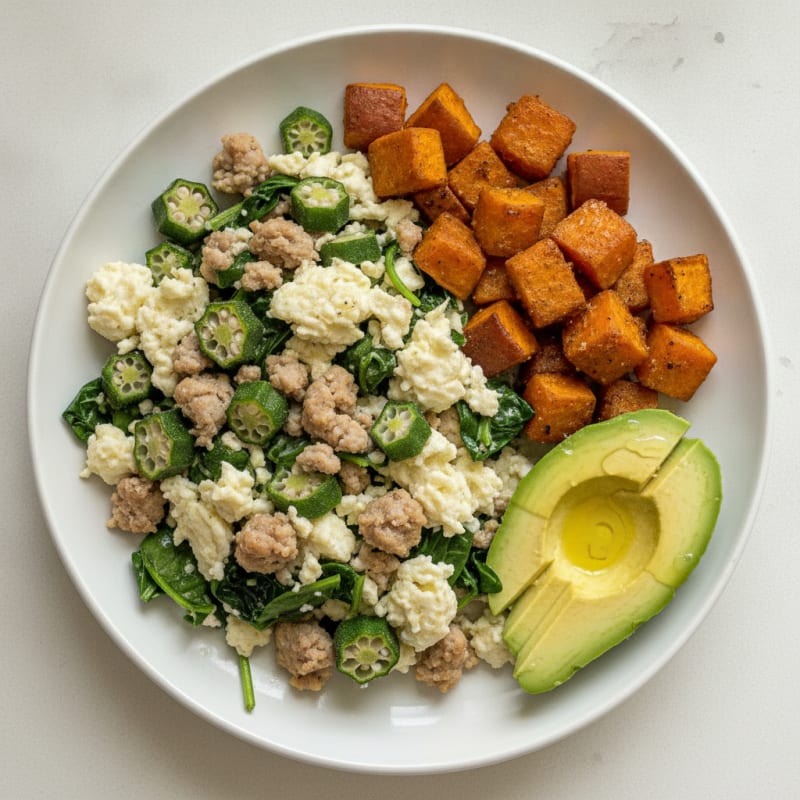 Egg White and Turkey Sausage Scramble with Sautéed Okra and Spinach