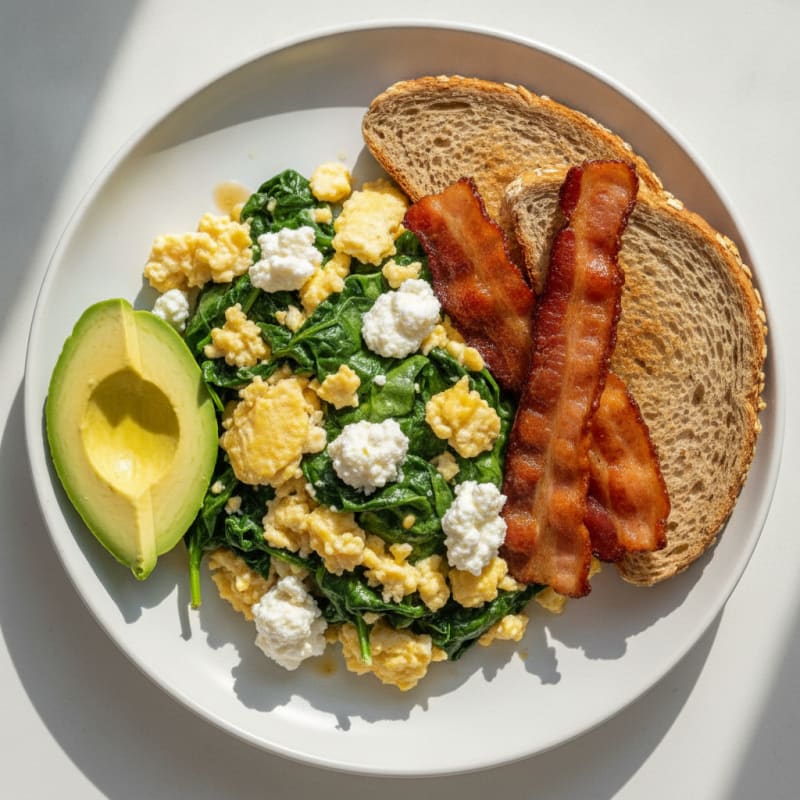 Egg White Spinach Scramble with Cottage Cheese and Turkey Bacon