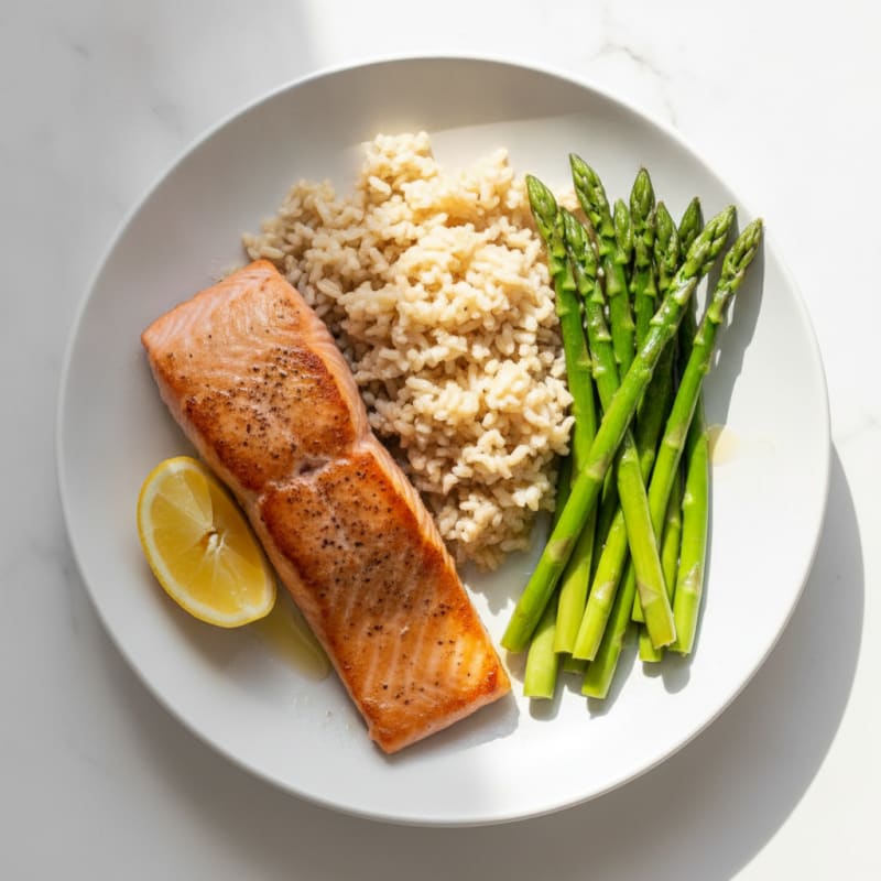 Seared Salmon with Steamed Asparagus and Brown Rice