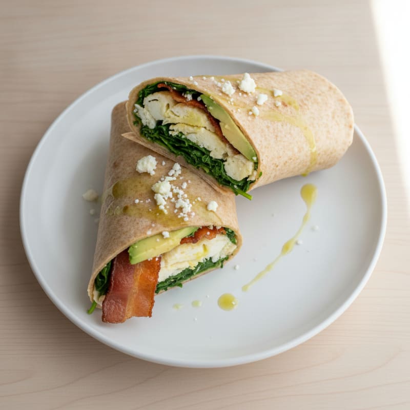 Crispy Turkey Bacon and Egg White Breakfast Wrap with Sautéed Spinach