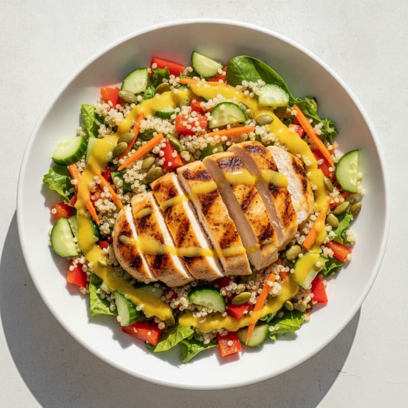 Grilled Chicken Breast Salad with Quinoa and Crunchy Vegetables