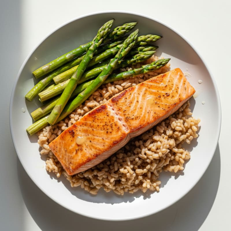 Seared Salmon with Steamed Asparagus and Brown Rice