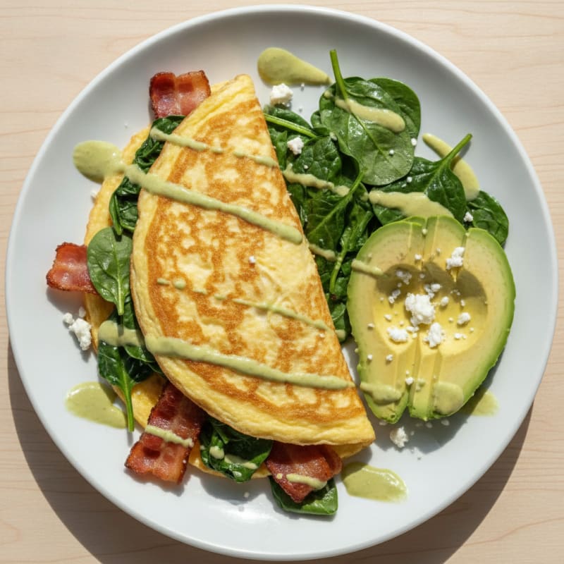 Crispy Egg White Omelet with Turkey Bacon and Sautéed Spinach
