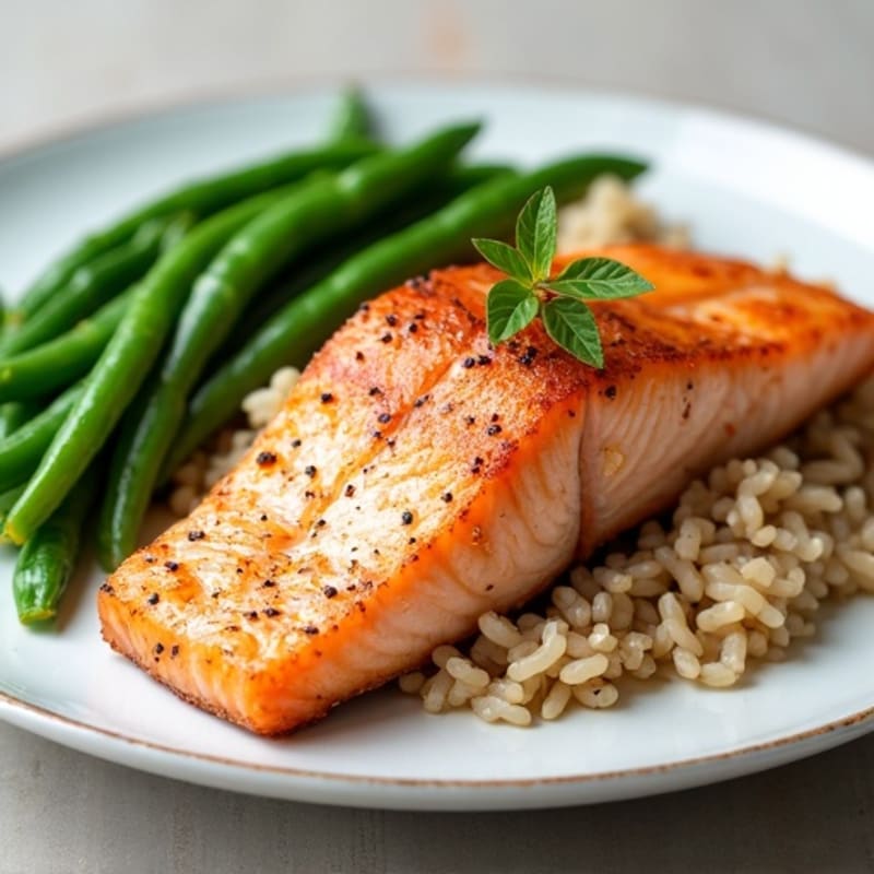 Seared Salmon with Steamed Green Beans and Brown Rice