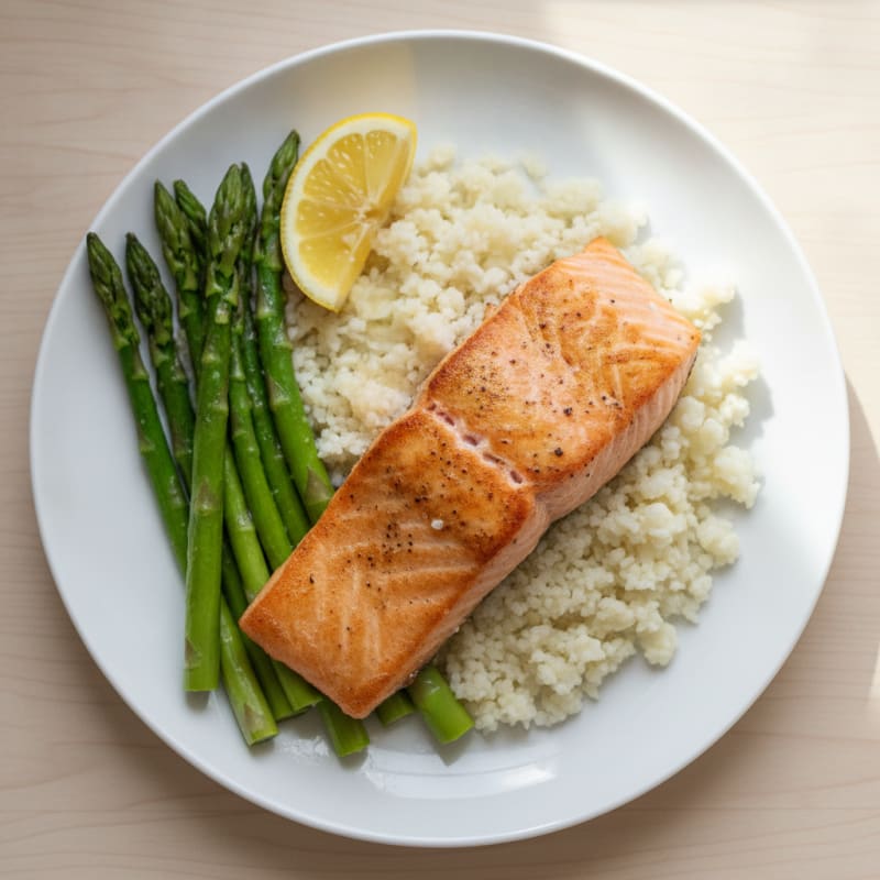 Seared Salmon with Steamed Asparagus and Cauliflower Rice