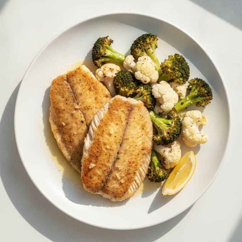 Seared Tilapia with Roasted Broccoli and Cauliflower