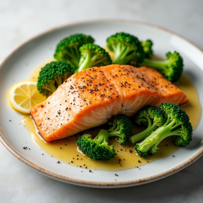 Seared Salmon Fillet with Steamed Broccoli and Lemon