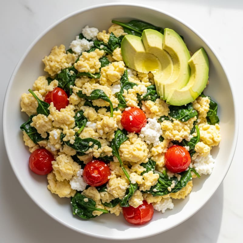 Scrambled Egg and Cottage Cheese Bowl with Spinach and Tomato