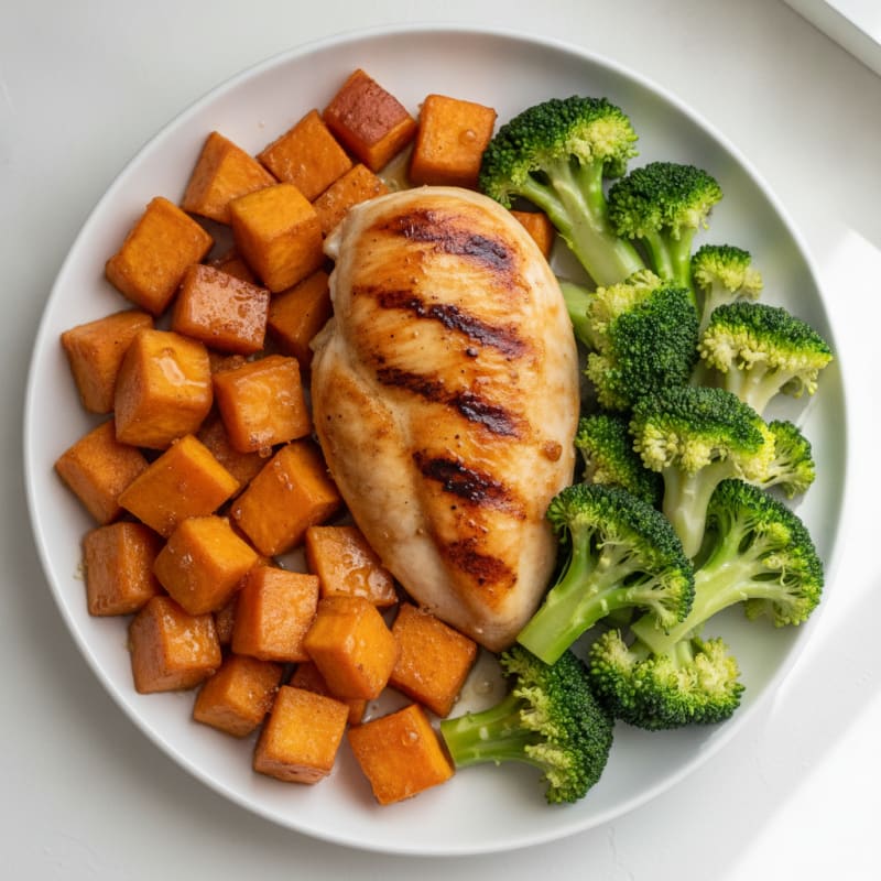 Roasted Chicken Breast with Sweet Potato and Steamed Broccoli