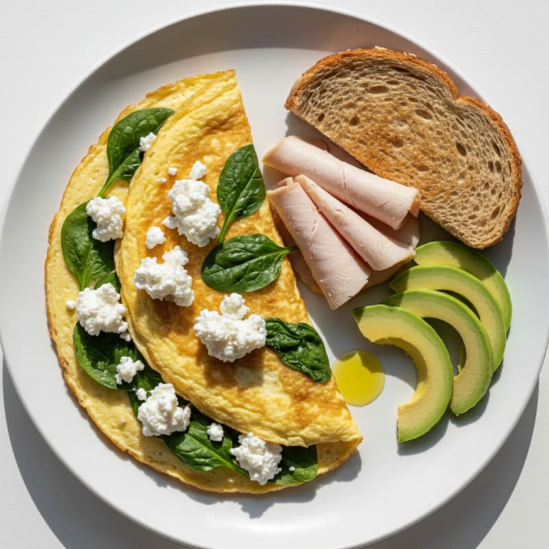 Egg White Spinach Omelette with Cottage Cheese and Sliced Turkey