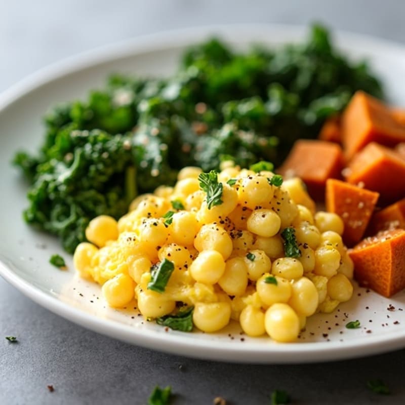Creamy Scrambled Eggs with Sautéed Kale and Sweet Potato Hash