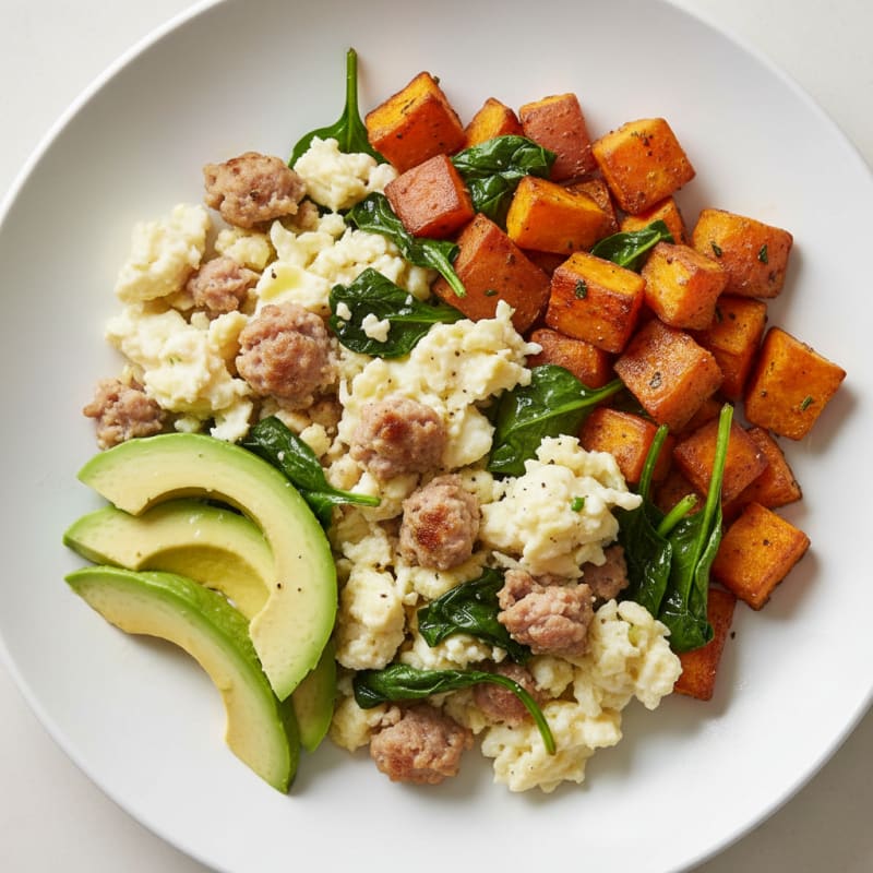 Egg White Scramble with Turkey Sausage and Roasted Sweet Potatoes