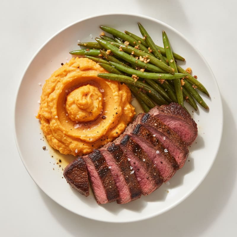 Seared Sirloin Steak with Garlic Green Beans and Sweet Potato Mash