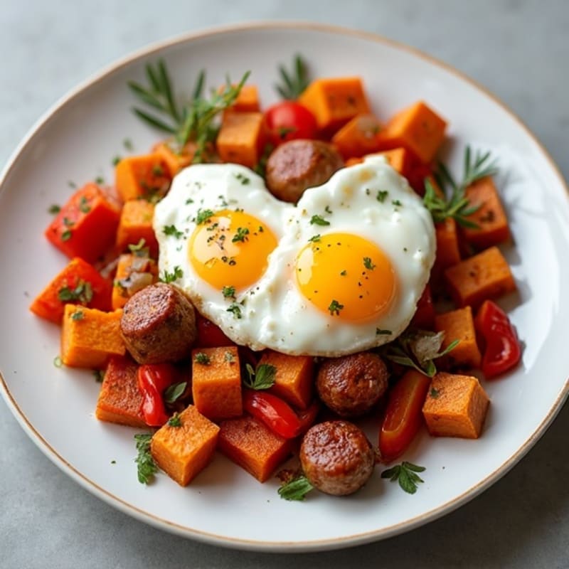Crispy Sweet Potato and Turkey Sausage Hash with Poached Eggs