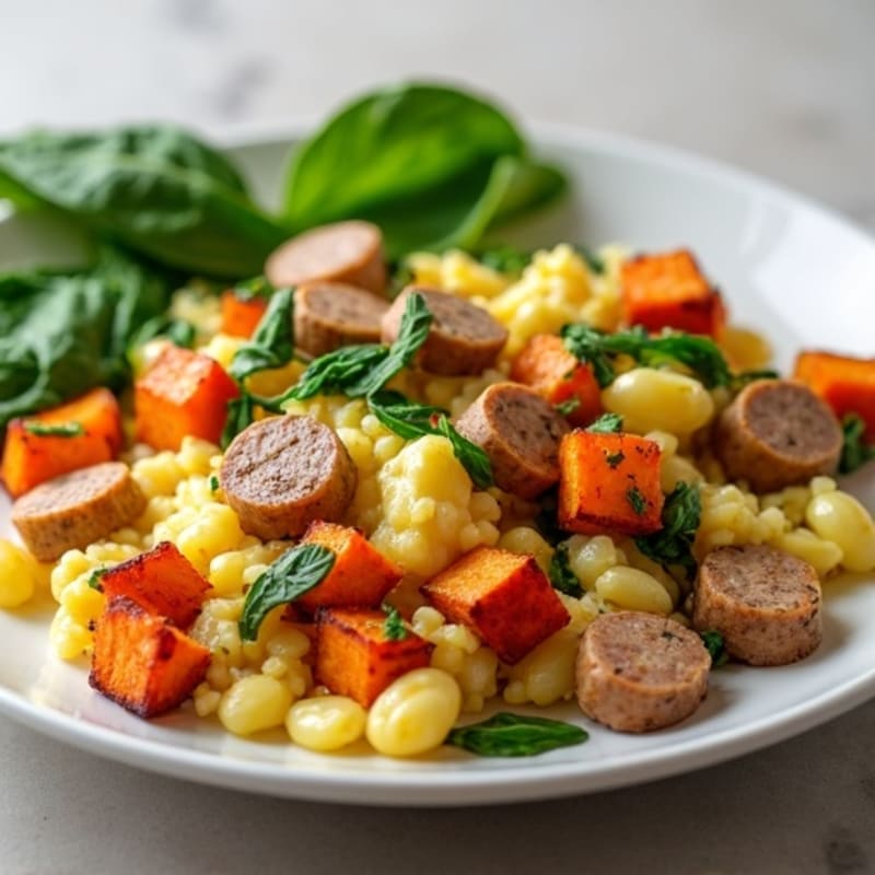 Egg White and Turkey Sausage Scramble with Roasted Sweet Potatoes