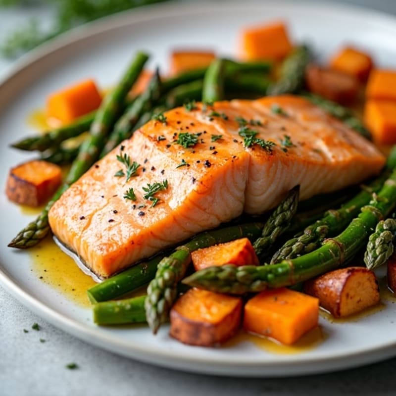 Sheet Pan Salmon with Roasted Asparagus and Sweet Potatoes