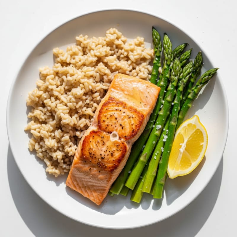 Seared Salmon with Steamed Asparagus and Brown Rice