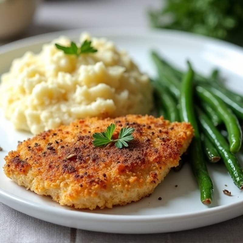 Crispy Herb-Crusted Chicken with Creamy Garlic Mashed Potatoes and Roasted Green Beans