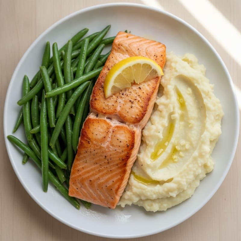 Seared Salmon with Steamed Green Beans and Garlic Mashed Cauliflower