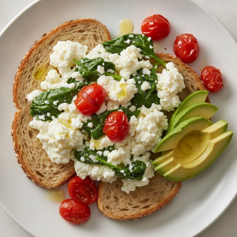 Egg White Spinach Scramble with Cottage Cheese and Cherry Tomatoes
