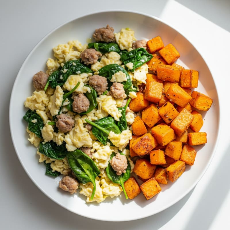 Egg White and Turkey Sausage Scramble with Spinach and Roasted Sweet Potato