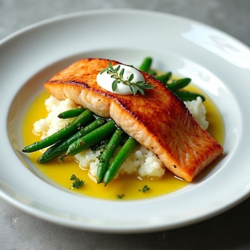Seared Salmon with Steamed Green Beans and Cauliflower Mash