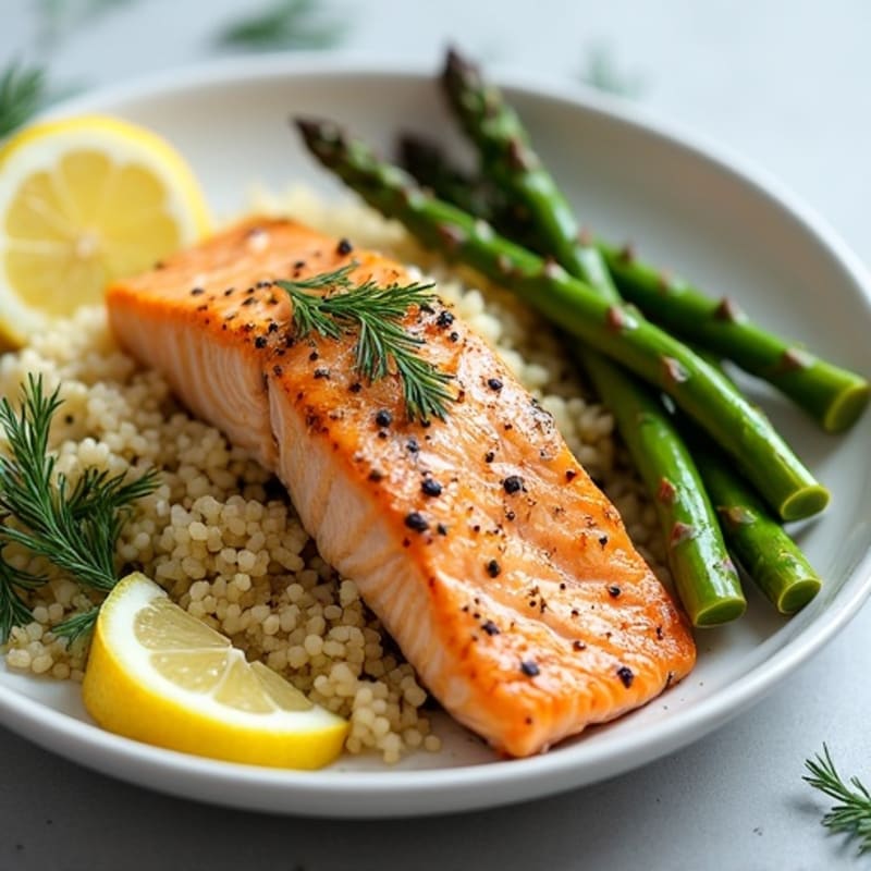 Flaky Lemon-Herb Roasted Salmon with Crispy Asparagus and Fluffy Quinoa