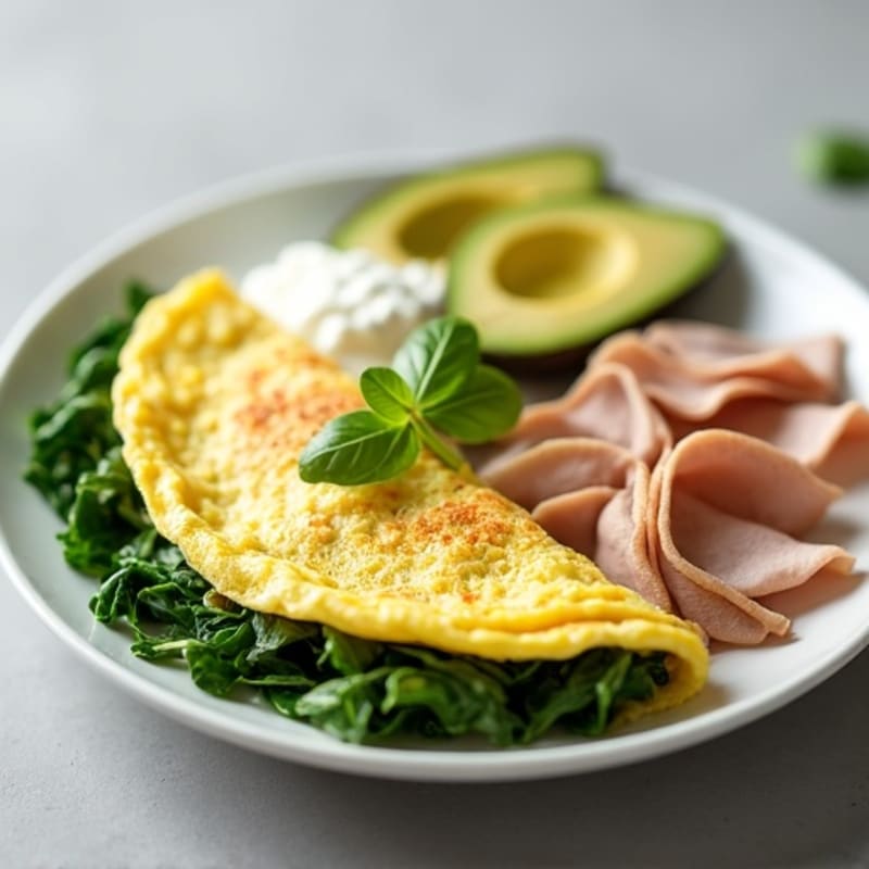 Egg White Spinach Omelet with Cottage Cheese, Sliced Turkey, and Avocado