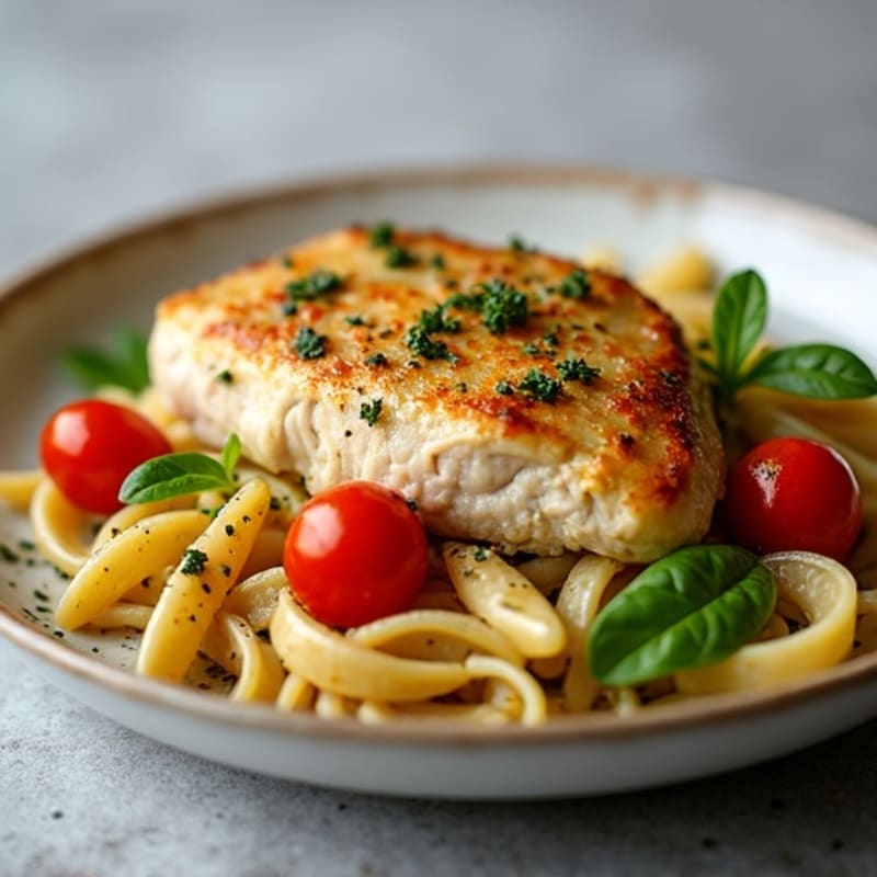 Pan-Seared Chicken with Creamy Pesto Whole Wheat Pasta and Roasted Cherry Tomatoes