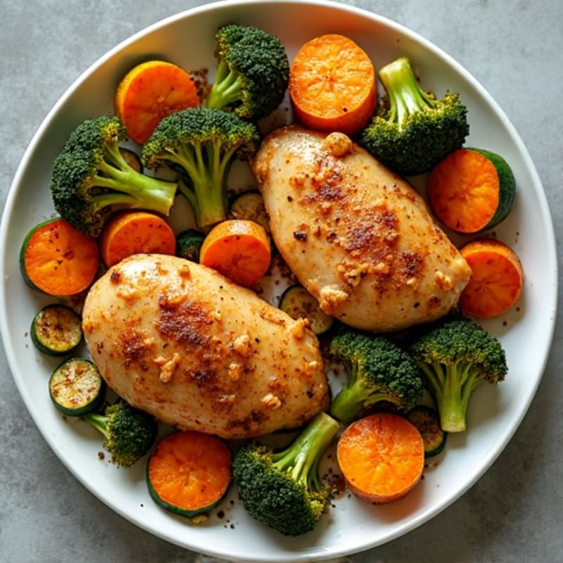 Sweet Potato and Chicken Sheet Pan with Roasted Broccoli and Zucchini