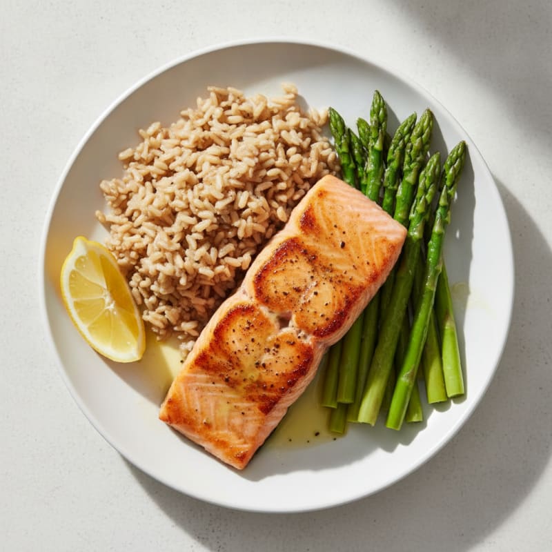 Seared Salmon Fillet with Steamed Asparagus and Brown Rice